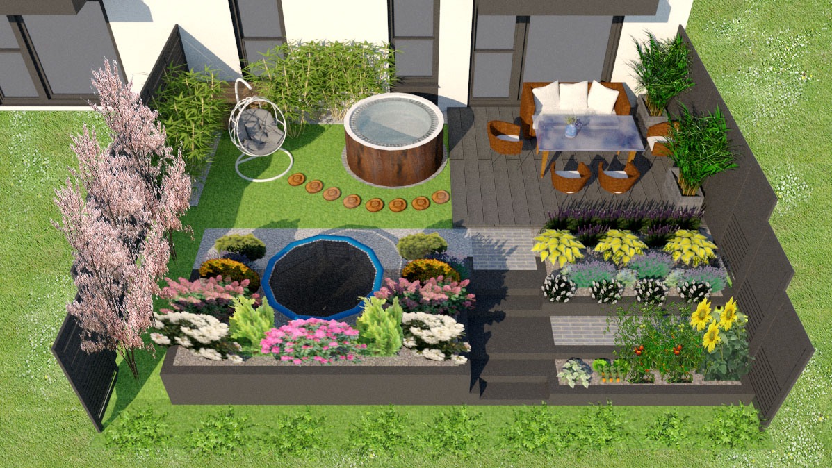 Projekt małego ogrodu z trampoliną, jacuzzi, tarasem i miejscem do czytania, z roślinami kwitnącymi przez cały sezon wegetacyjny. Widok z góry.