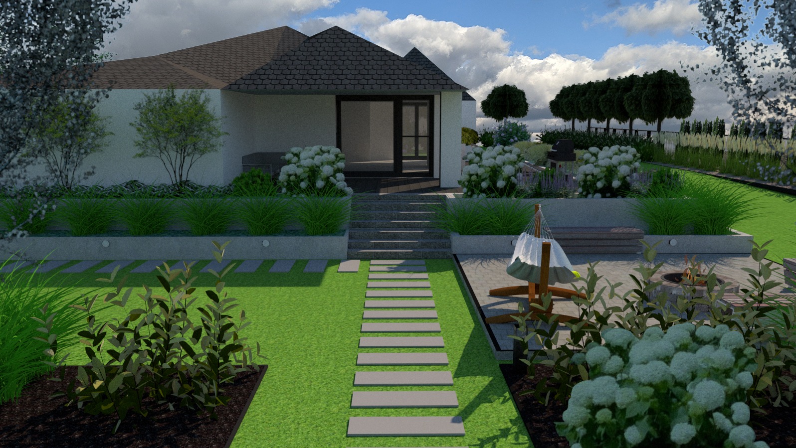 Wizualizacja ogrodu z murkiem oporowym, betonowymi płytami w trawniku i miejscem na ognisko. Kwitnące hortensje dodają uroku. Hamak ogrodowy zaprasza do relaksu.