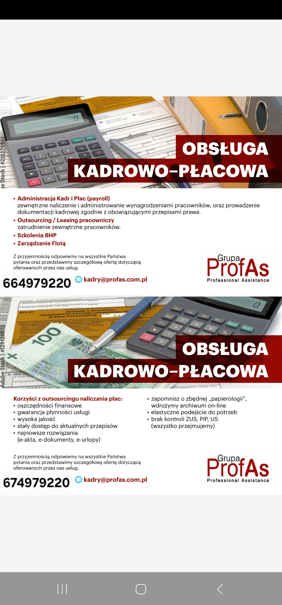 Usługi kadrowo-płacowe: kalkulator, banknot 100 zł, dokumenty PIT i długopis na biurku. Oferta outsourcingu z numerem telefonu i adresem e-mail firmy.