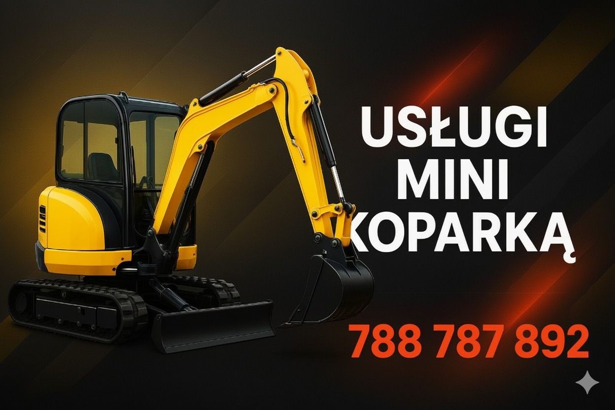 Grafika z żółto-czarną mini koparką na ciemnym tle z numerem telefonu i napisem 'Usługi Mini Koparką'.