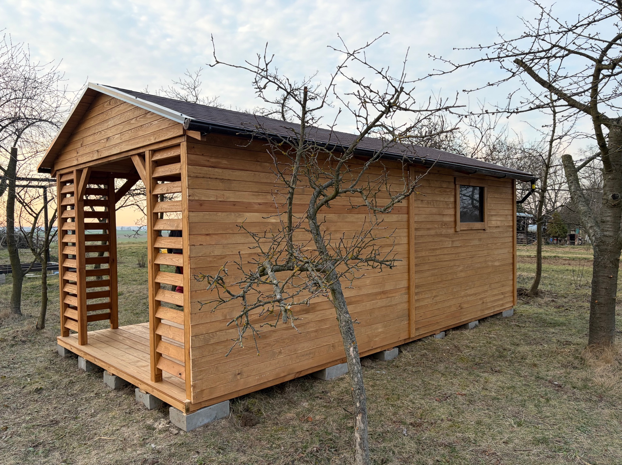 Drewniana konstrukcja z zadaszeniem, częściowo otwarta, na betonowych bloczkach, otoczona drzewami i trawiastym terenem. Widoczne deski i elementy konstrukcyjne.