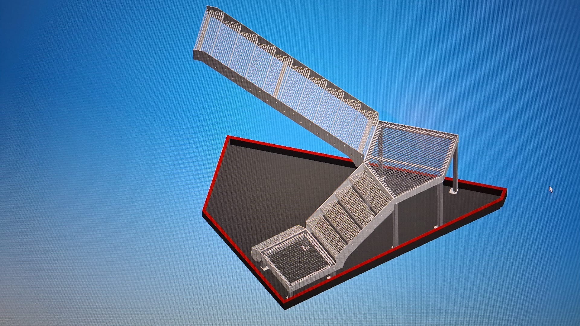 Wizualizacja 3D metalowych schodów z ażurowymi barierkami, widok z góry na tle niebieskiego gradientu. Czerwona linia obramowuje konstrukcję.