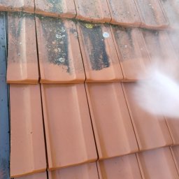 Mateusz Zając - Czyszczenie dachówki ceramicznej z mchu i zabrudzeń za pomocą myjki ciśnieniowej. Widoczna różnica w kolorze między czystą a zabrudzoną powierzchnią.