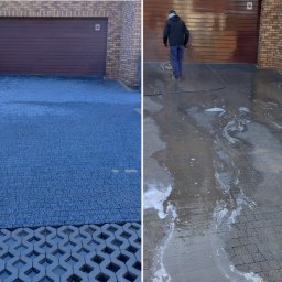 Mateusz Zając - Porównanie: kostka brukowa przed i w trakcie czyszczenia myjką ciśnieniową. Widoczna różnica w kolorze i usunięte zabrudzenia. Praca w toku, garaż w tle.