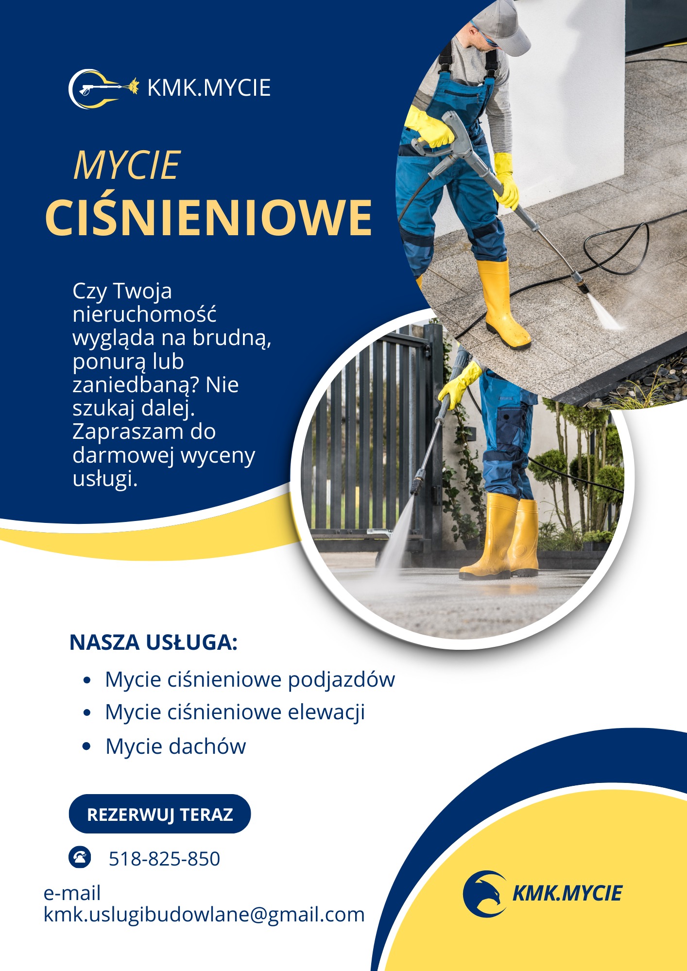 Pracownik w żółtych butach czyści ciśnieniowo kostkę brukową. Reklama usług mycia ciśnieniowego z ofertą darmowej wyceny i danymi kontaktowymi.