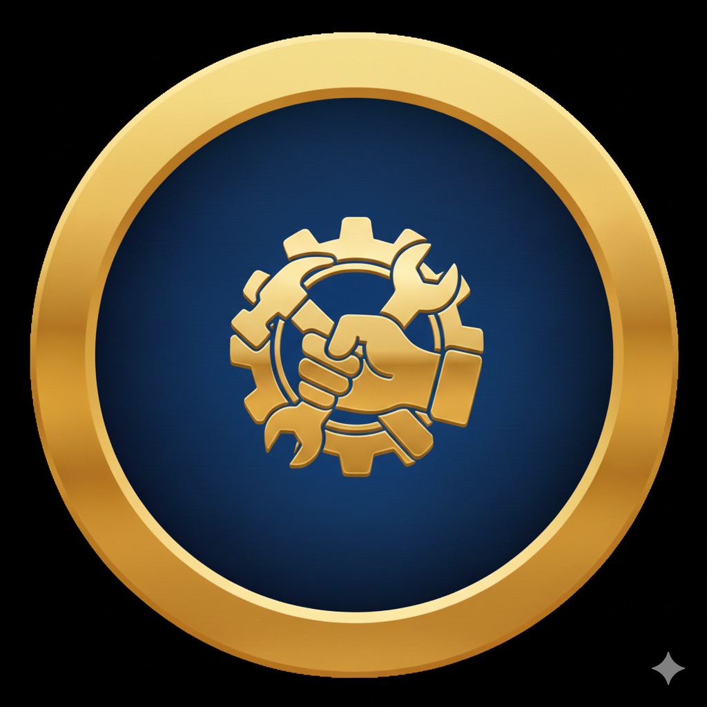 Złota ikona: ręka trzymająca młotek i klucz francuski na tle koła zębatego, całość w okręgu na niebieskim tle z złotą obwódką.