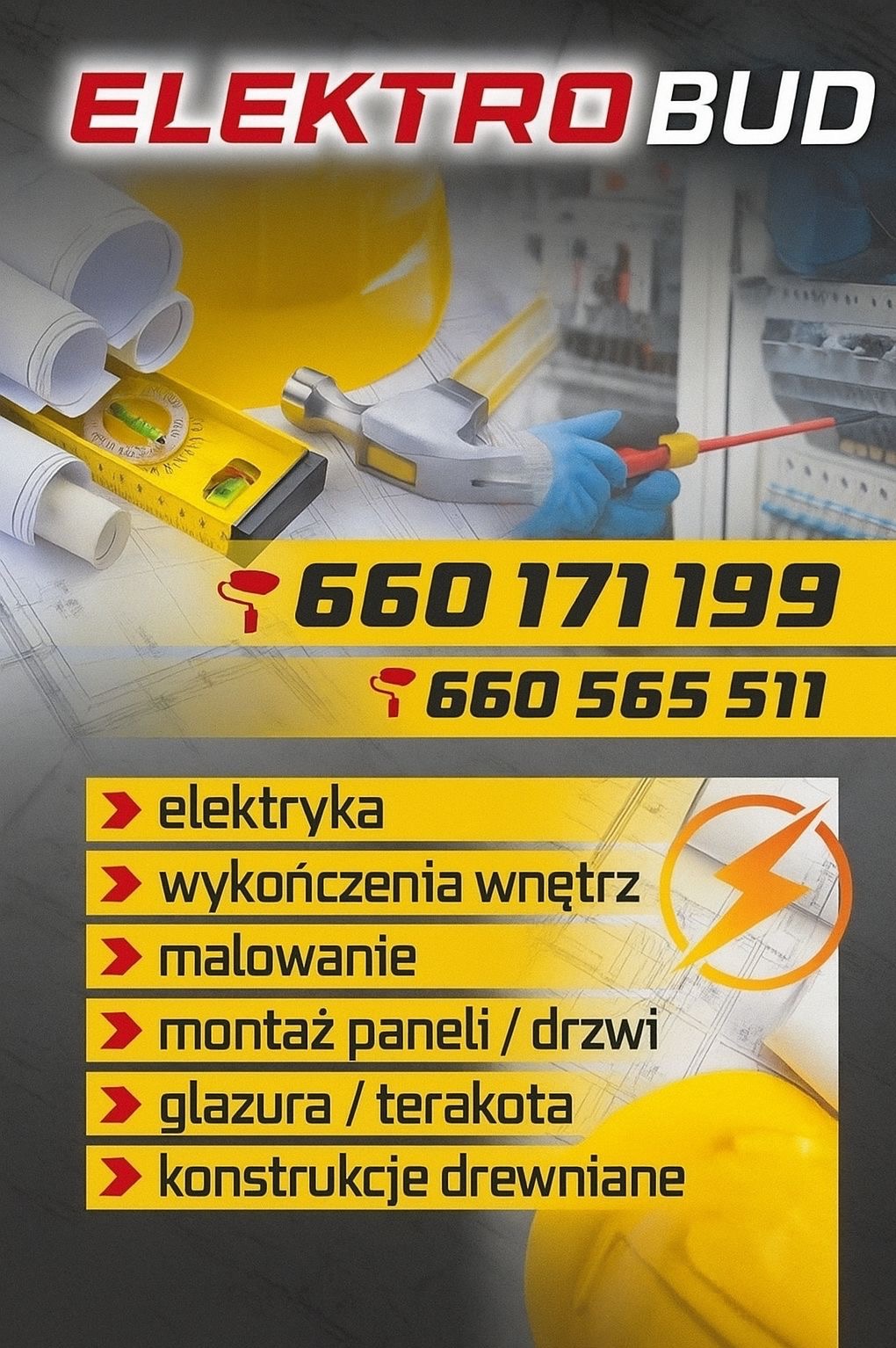 Baner firmy ElektroBud z numerami telefonów i ofertą: elektryka, wykończenia wnętrz, malowanie, montaż paneli/drzwi, glazura/terakota, konstrukcje drewniane.