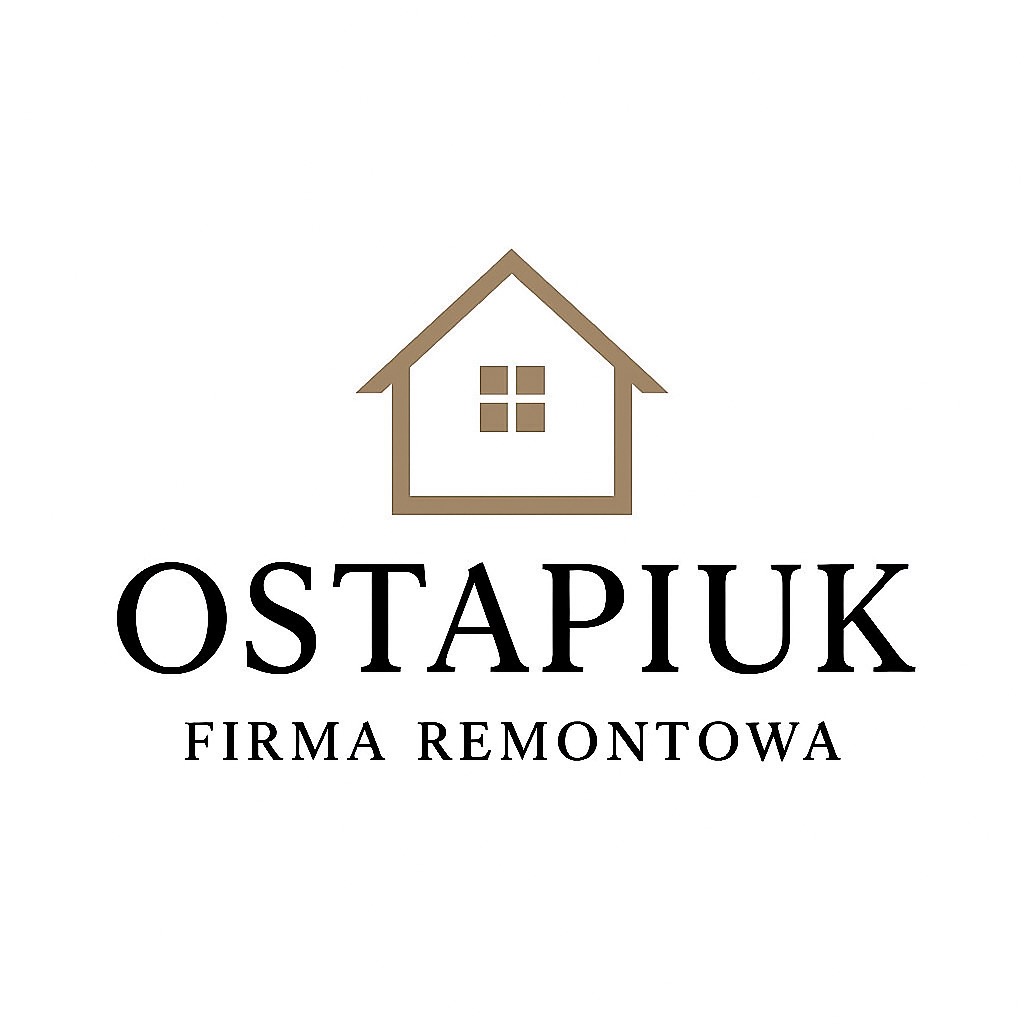 Minimalistyczne logo firmy remontowej 'Ostapiuk' z graficznym symbolem domu w odcieniach beżu nad nazwą i hasłem 'Firma Remontowa'.