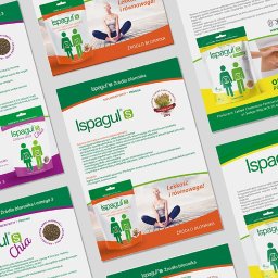 Anna Romańczuk Projektowanie - Różne ulotki i opakowania suplementu diety Ispagul's z informacjami o produkcie, składzie i korzyściach zdrowotnych. Widoczne hasła: 'Źródło błonnika', 'Zdrowa dieta'.