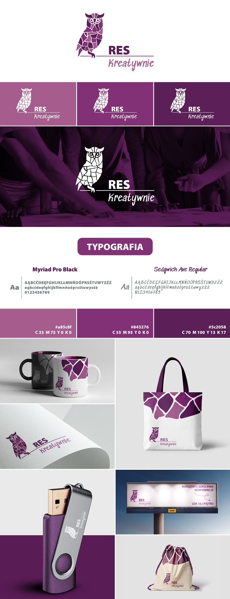 Identyfikacja wizualna marki: logo sowy w fiolecie, typografia Myriad Pro Black i Sedgwick Ave Regular, wizualizacje na gadżetach (kubek, torba, pendrive) i billboardzie.