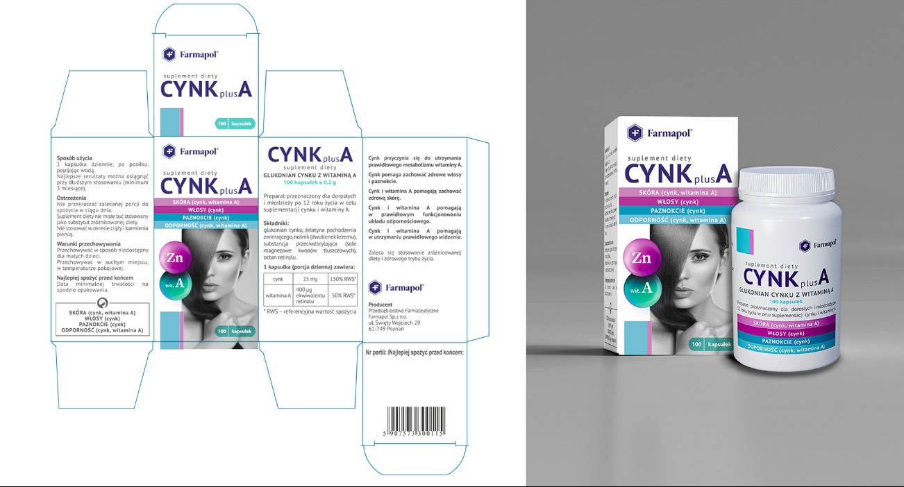 Projekt opakowania i etykiety dla suplementu diety 'CYNK plus A' – FARMAPOL
