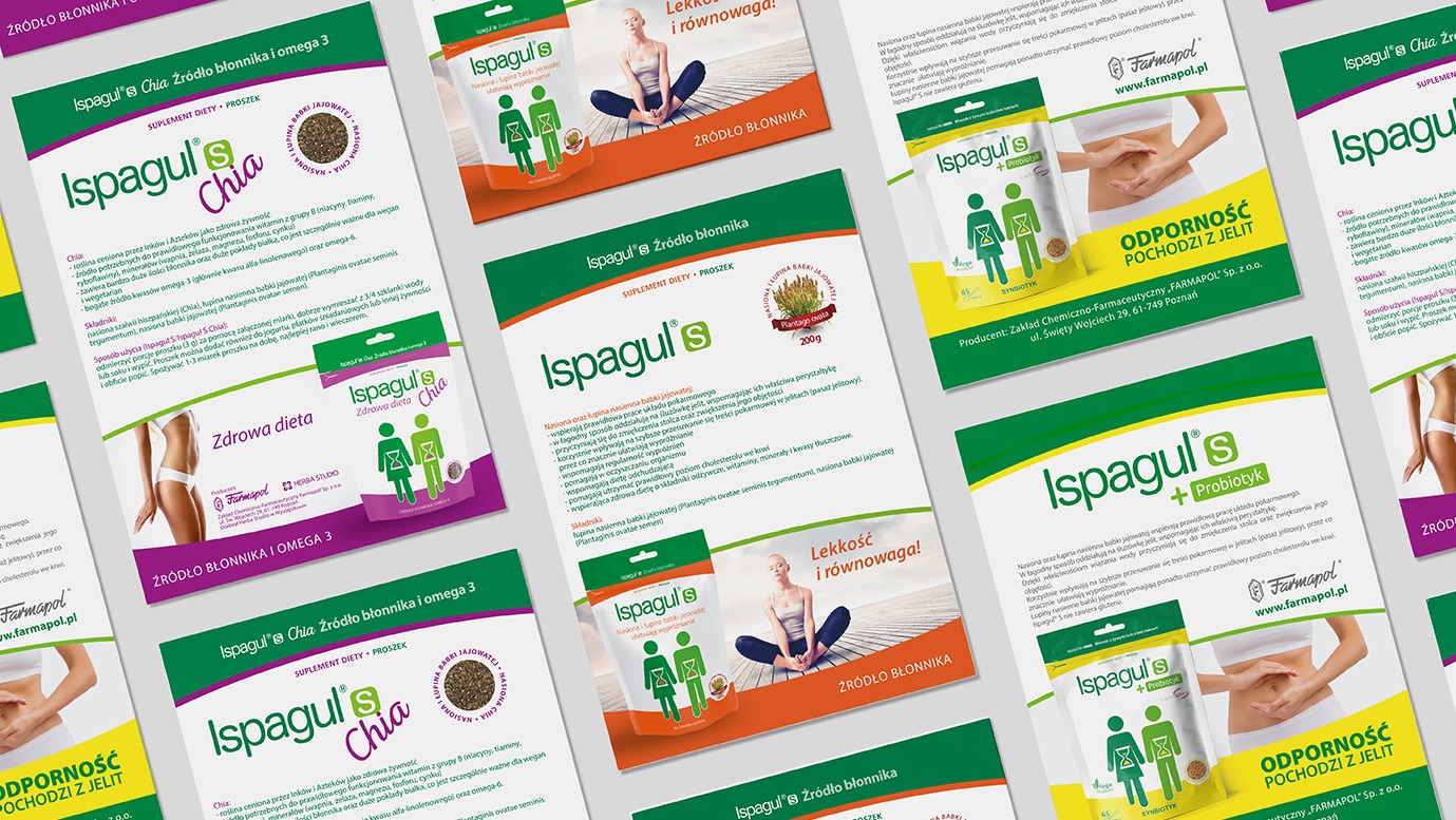 Różne ulotki i opakowania suplementu diety Ispagul's z informacjami o produkcie, składzie i korzyściach zdrowotnych. Widoczne hasła: 'Źródło błonnika', 'Zdrowa dieta'.