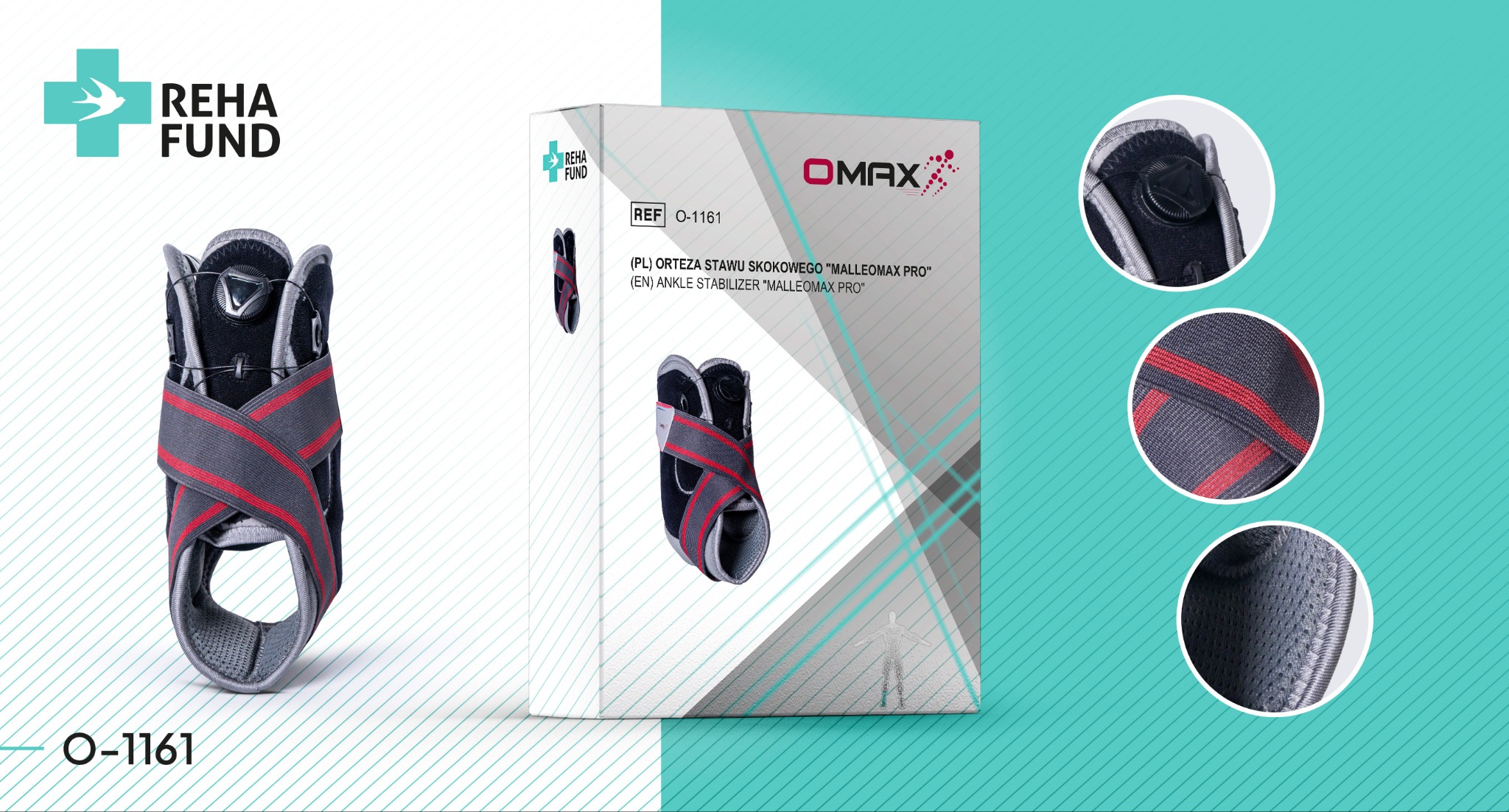Opakowanie ortezy stawu skokowego Malleomax Pro marki OMAX na tle w odcieniach bieli i turkusu. Widoczne zbliżenia detali ortezy w okrągłych ramkach.