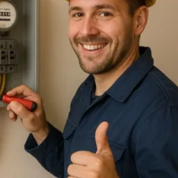 Uśmiechnięty elektryk w kasku, z próbnikiem w dłoni i kciukiem w górę, obok skrzynki z licznikiem i wyłącznikami. W tle widoczne kombinerki.