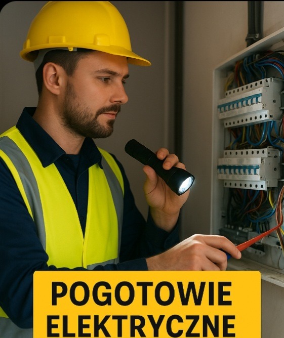 Elektryk w kasku i kamizelce, oświetla latarką otwartą skrzynkę z bezpiecznikami i kablami. W tle żółty baner 'Pogotowie Elektryczne'.