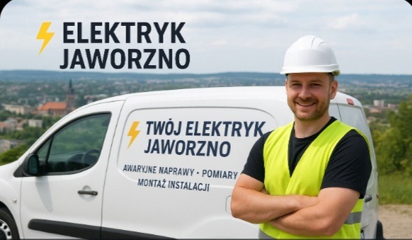 Uśmiechnięty elektryk w kamizelce i kasku na tle firmowego busa z napisem 'Twój Elektryk Jaworzno'. W tle widok na miasto i zieleń.