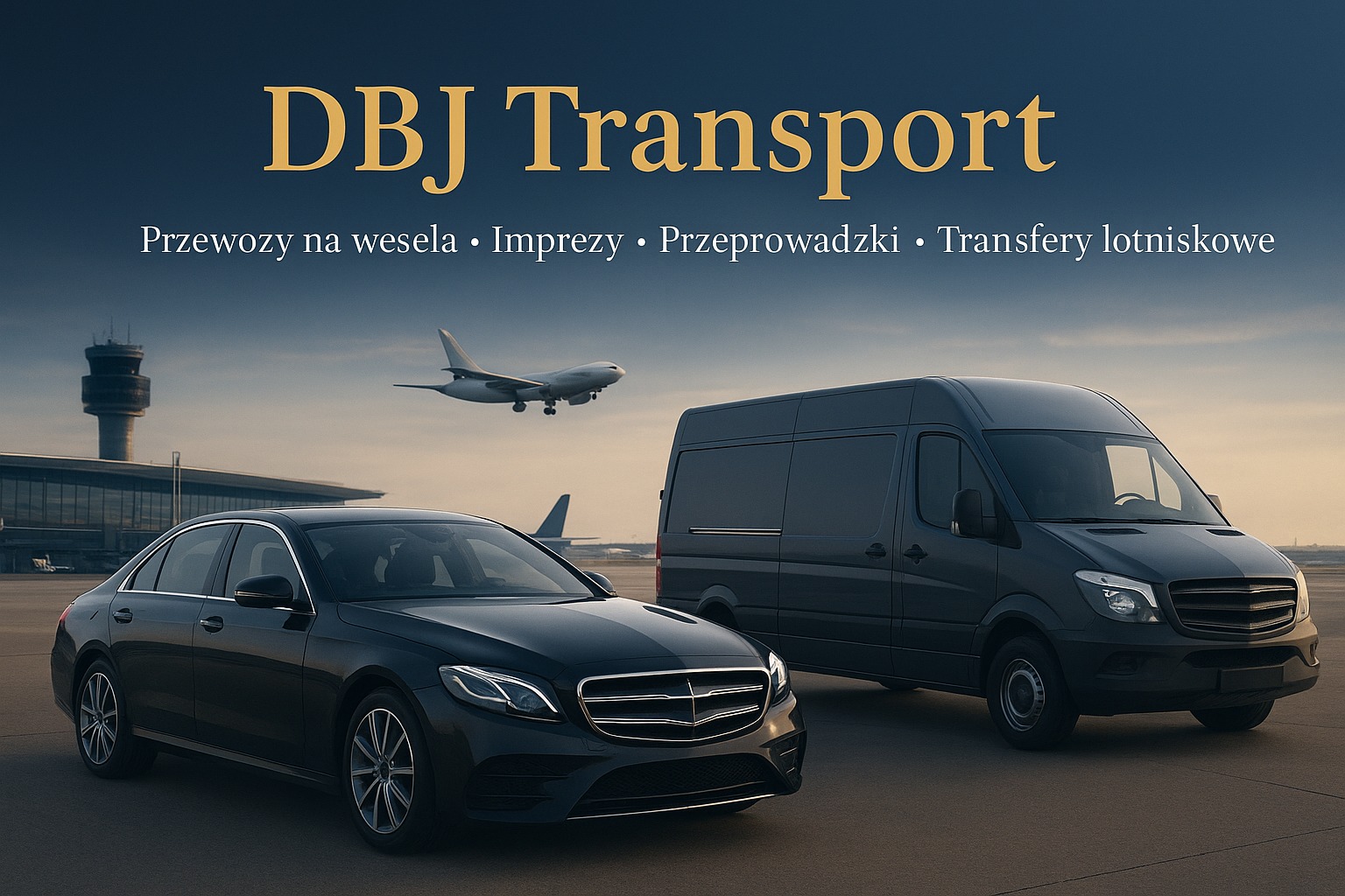 DBJ Transport: Czarny Mercedes i bus na tle lotniska z lądującym samolotem. Oferta: przewozy na wesela, imprezy, przeprowadzki, transfery lotniskowe.