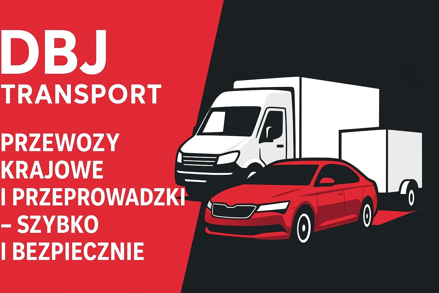 Grafika DBJ Transport: biała furgonetka, czerwony samochód osobowy, hasło 'Przewozy krajowe i przeprowadzki - szybko i bezpiecznie' na czerwono-czarnym tle.