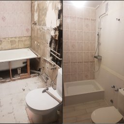 Rodek Kamil - Remont łazienki: widok przed i po. Po lewej: stan surowy, z odsłoniętymi rurami. Po prawej: wykończona łazienka z nową armaturą i płytkami w odcieniach beżu.