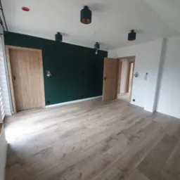 Jasne panele podłogowe w przestronnym wnętrzu z dwiema drewnianymi ościeżnicami i ścianą w kolorze butelkowej zieleni. Widoczne lampy sufitowe.