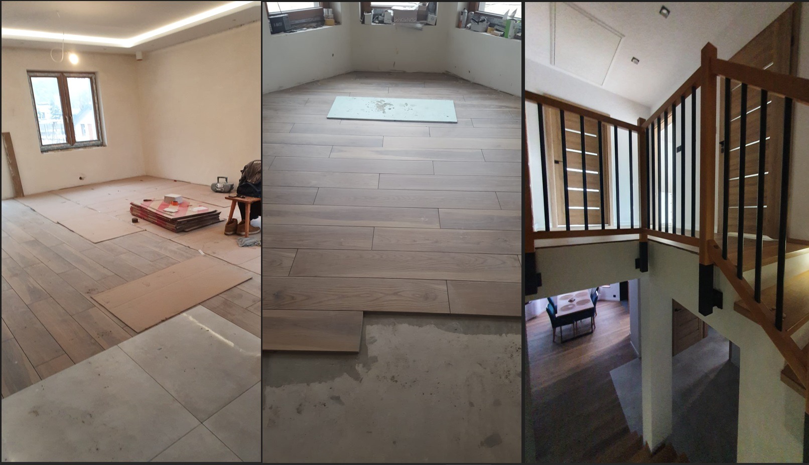 Kolaż: Pokój z częściowo ułożoną drewnianą podłogą, fragment podłogi z jedną płytką, schody z drewnianą balustradą i widokiem na dół.