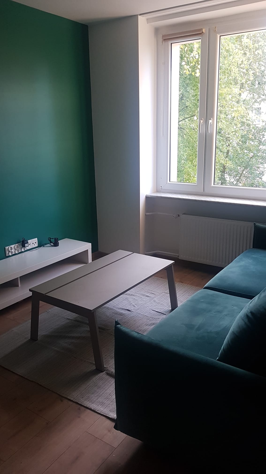 Salon po odnowieniu: zielona ściana, jasne meble, drewniana podłoga i okno z widokiem na zieleń. Nowoczesny design wnętrza z akcentem na kolor i naturalne światło.