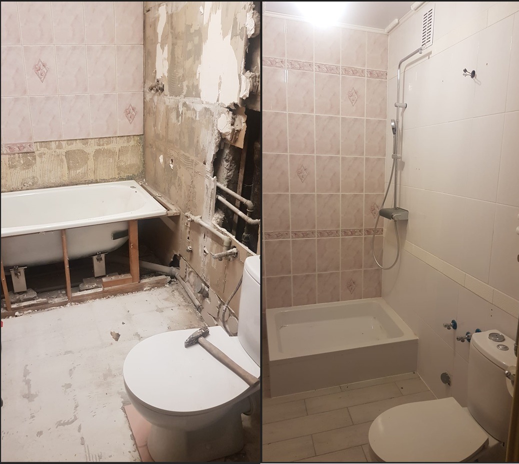 Remont łazienki: widok przed i po. Po lewej: stan surowy, z odsłoniętymi rurami. Po prawej: wykończona łazienka z nową armaturą i płytkami w odcieniach beżu.