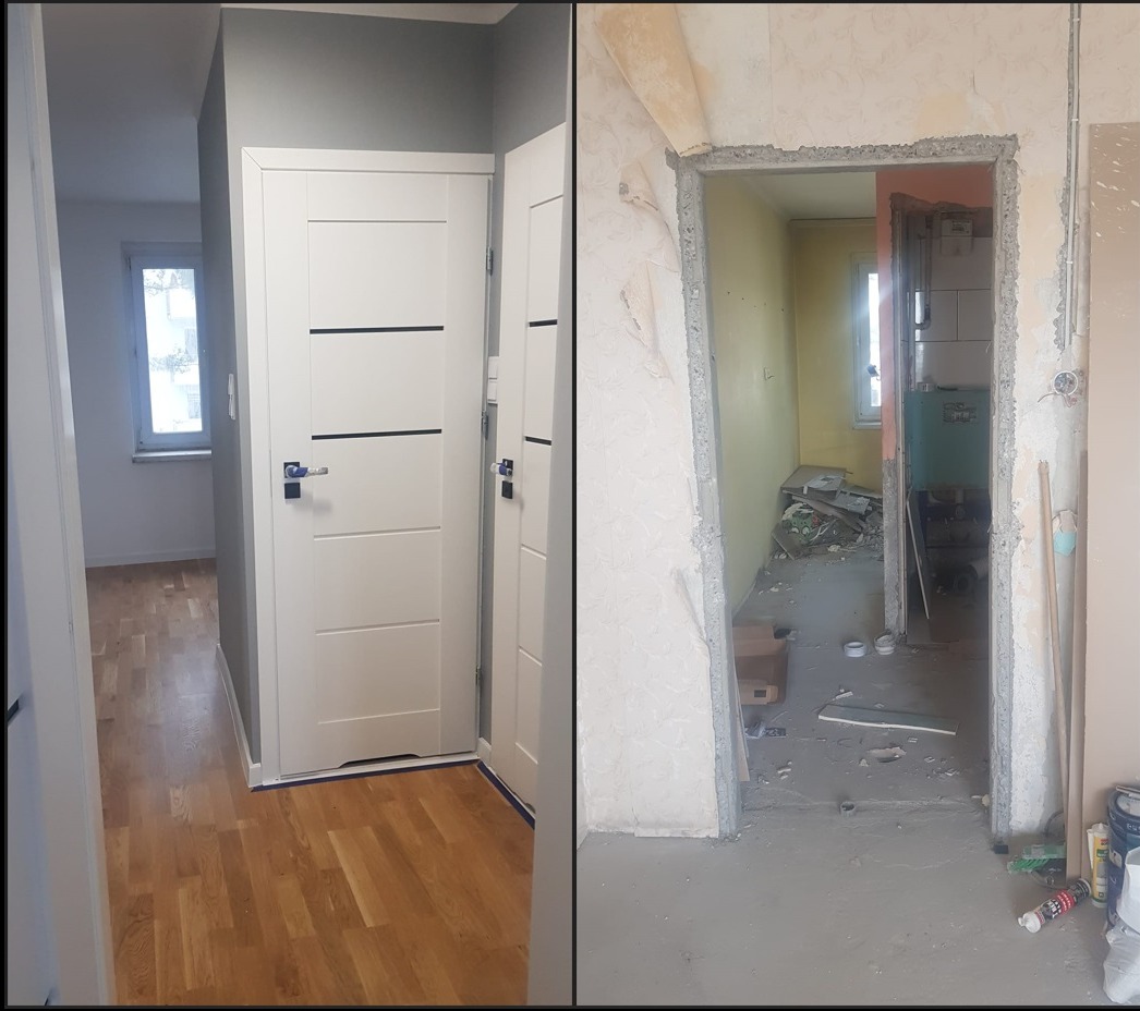Porównanie: drzwi białe z czarnymi wstawkami po remoncie i surowy otwór drzwiowy przed pracami. Widok na odnowione i remontowane wnętrze. Podłoga drewniana.