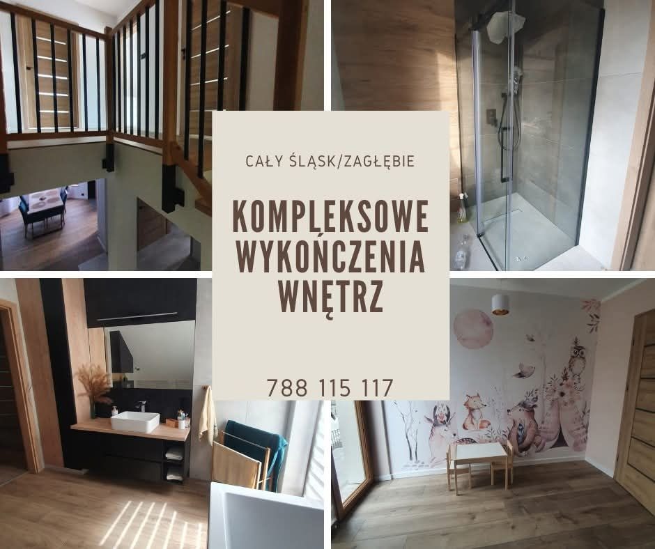 Kompleksowe wykończenie wnętrz: schody z drewnianą balustradą, kabina prysznicowa, umywalka z szafką i pokój z fototapetą w delikatnych kolorach.