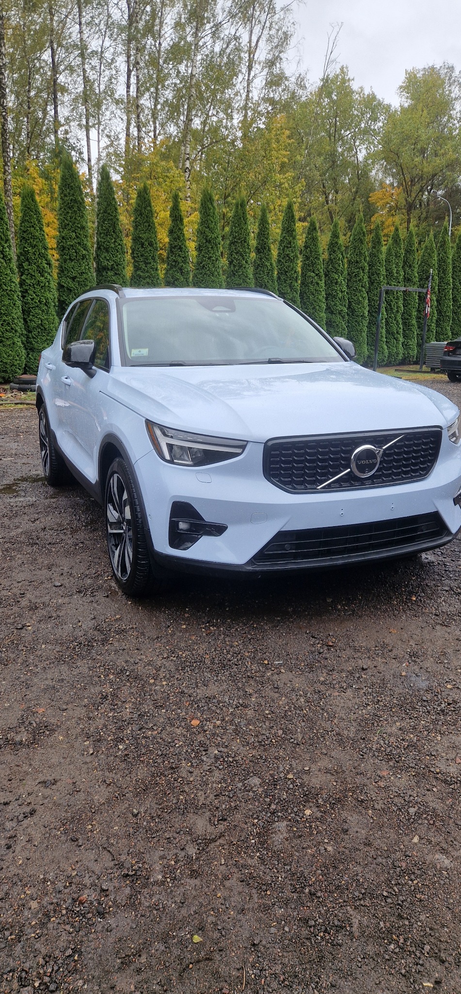 Jasny, nowoczesny SUV Volvo XC40 w kolorze błękitnym na żwirowym podłożu, z rzędem wysokich, zielonych drzew w tle. Widoczne detale: czarne felgi, charakterystyczny grill.