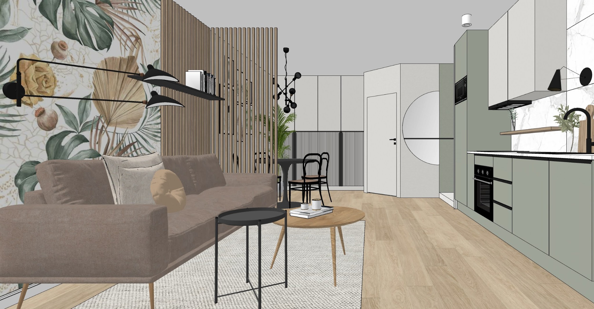 Wizualizacja wnętrza mieszkania: salon z sofą, stolikami kawowymi, kwiatowym akcentem na ścianie i kuchnia z zielonymi szafkami.