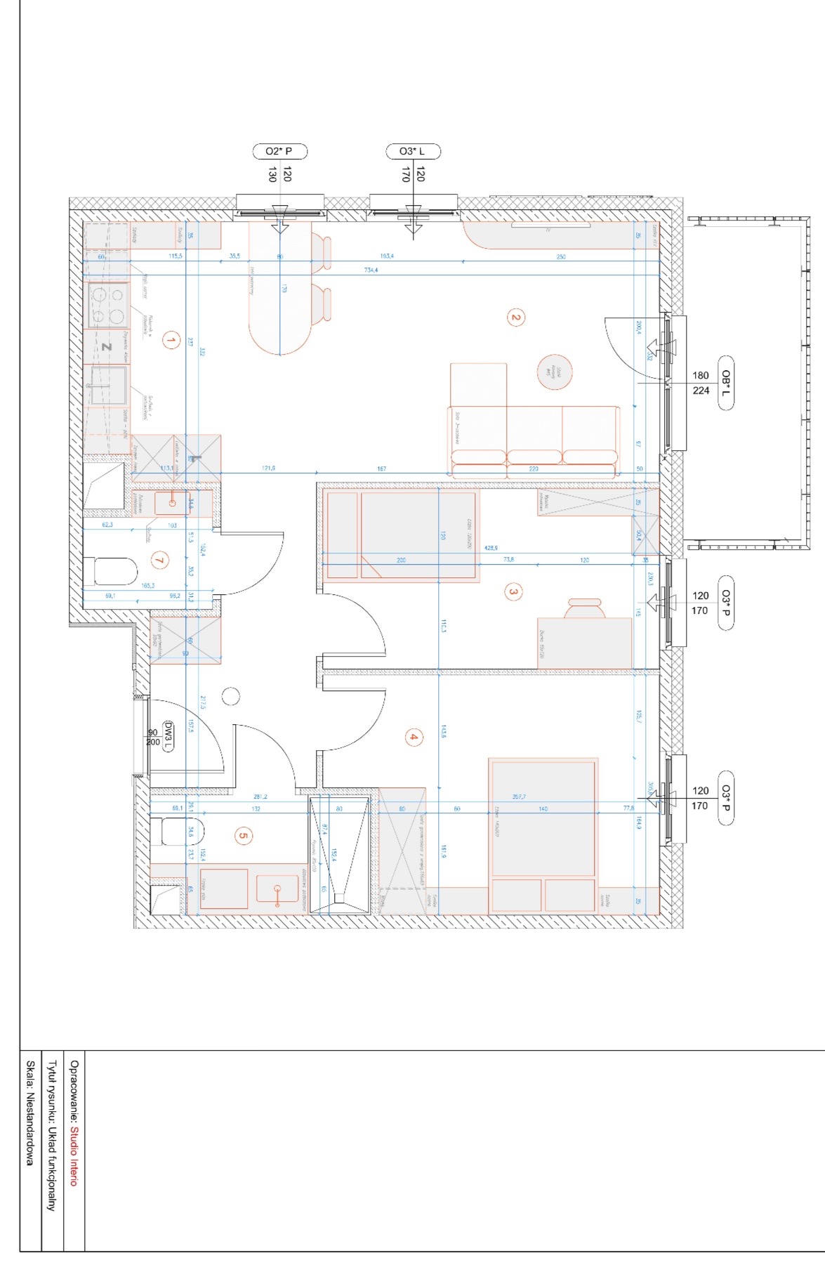 Plan funkcjonalny mieszkania z wymiarami, opracowany przez Studio Interio. Widok z góry na rozkład pomieszczeń z meblami i sanitariatami.