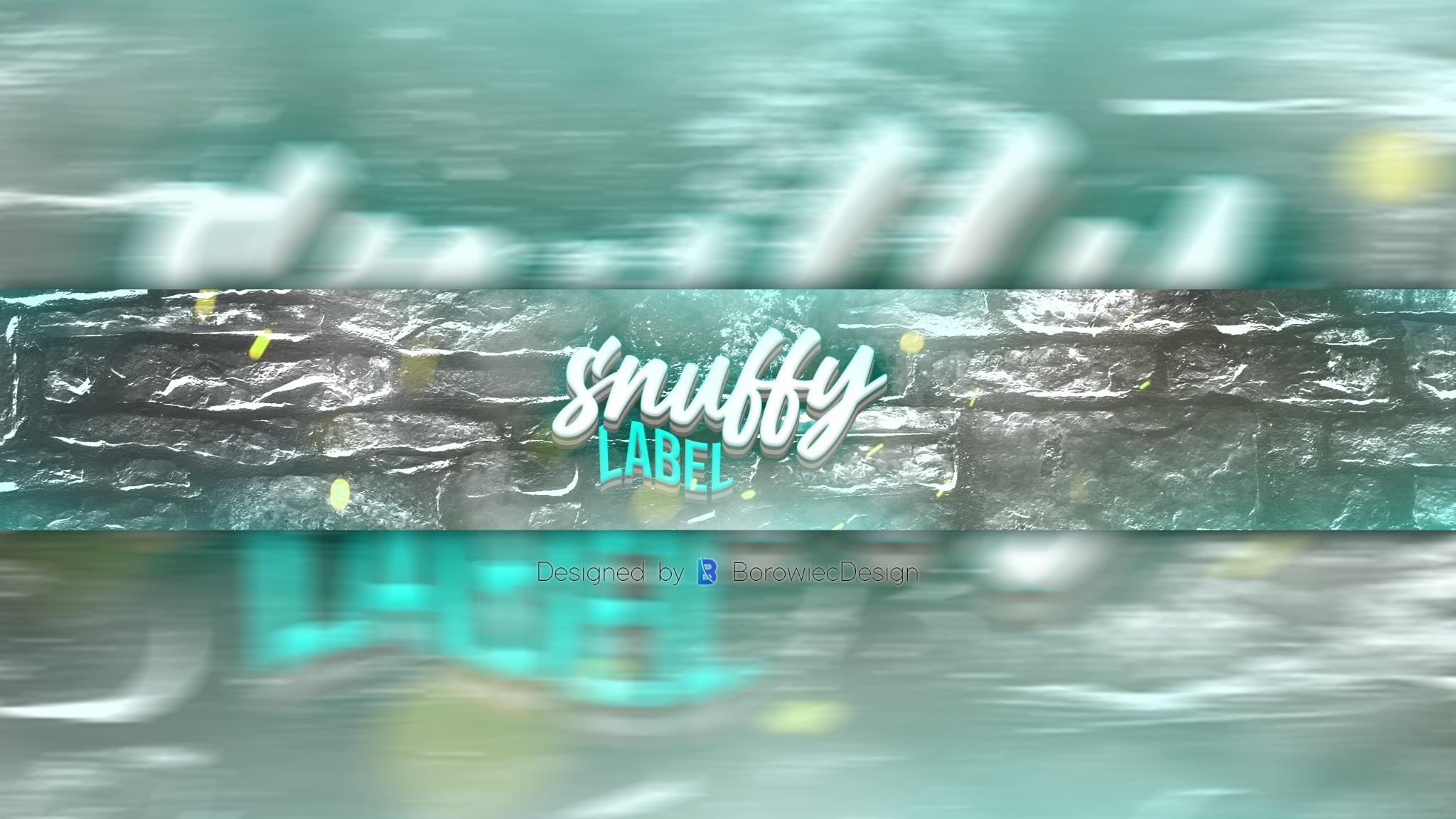 Grafika z napisem 'snuffy LABEL' na tle ściany z kamienia, w turkusowej tonacji. Dół grafiki zawiera informację o autorze: 'Designed by BorowiecDesign'.
