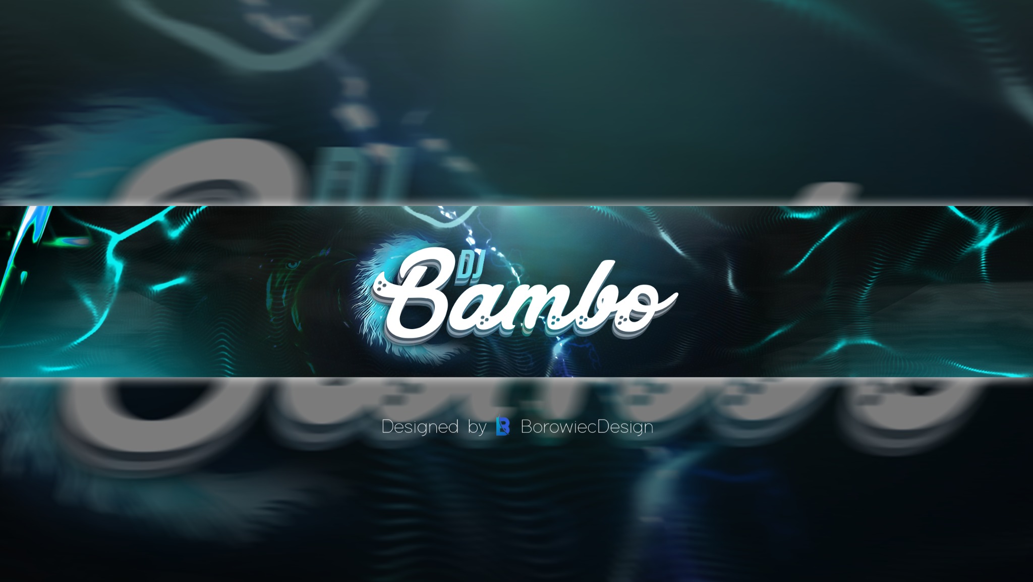 Grafika z napisem 'DJ Bambo' w białej, stylizowanej czcionce na tle abstrakcyjnych, turkusowych linii i gradientów. Projekt autorstwa BorowiecDesign.