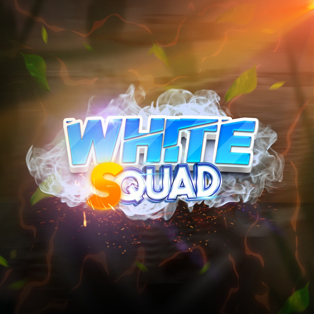 Grafika 3D z napisem 'WHITE SQUAD' w niebiesko-białej kolorystyce, otoczonym dymem i iskrami na ciemnym tle z elementami roślinnymi.