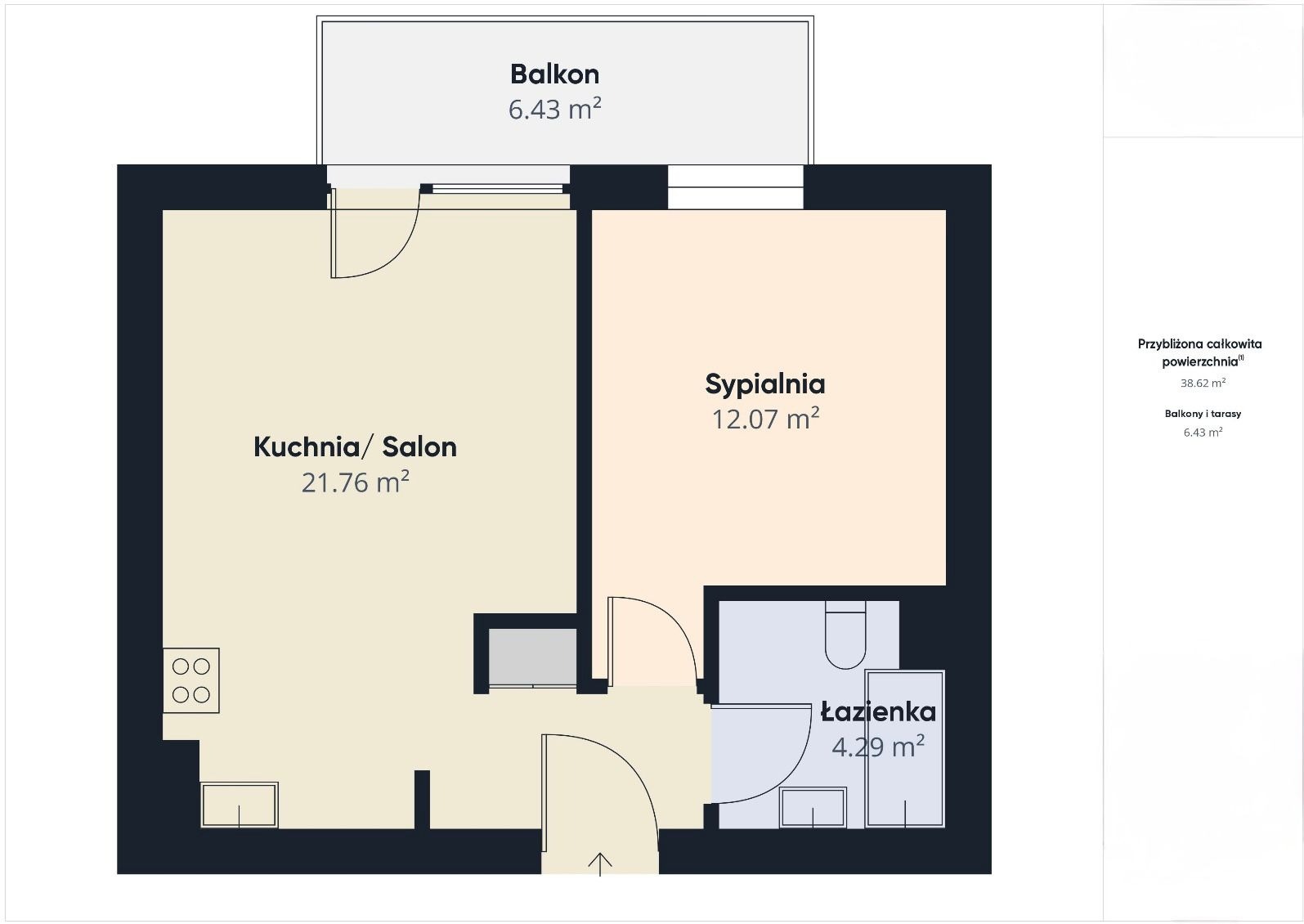Plan mieszkania z balkonem, salonem z kuchnią, sypialnią i łazienką. Widoczne metraże poszczególnych pomieszczeń i całego mieszkania. Grafika w neutralnych kolorach.