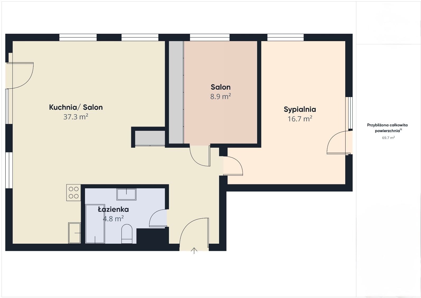 Plan mieszkania z podziałem na kuchnię/salon, salon, sypialnię i łazienkę. Widoczne metraże pomieszczeń i strzałka wskazująca kierunek.