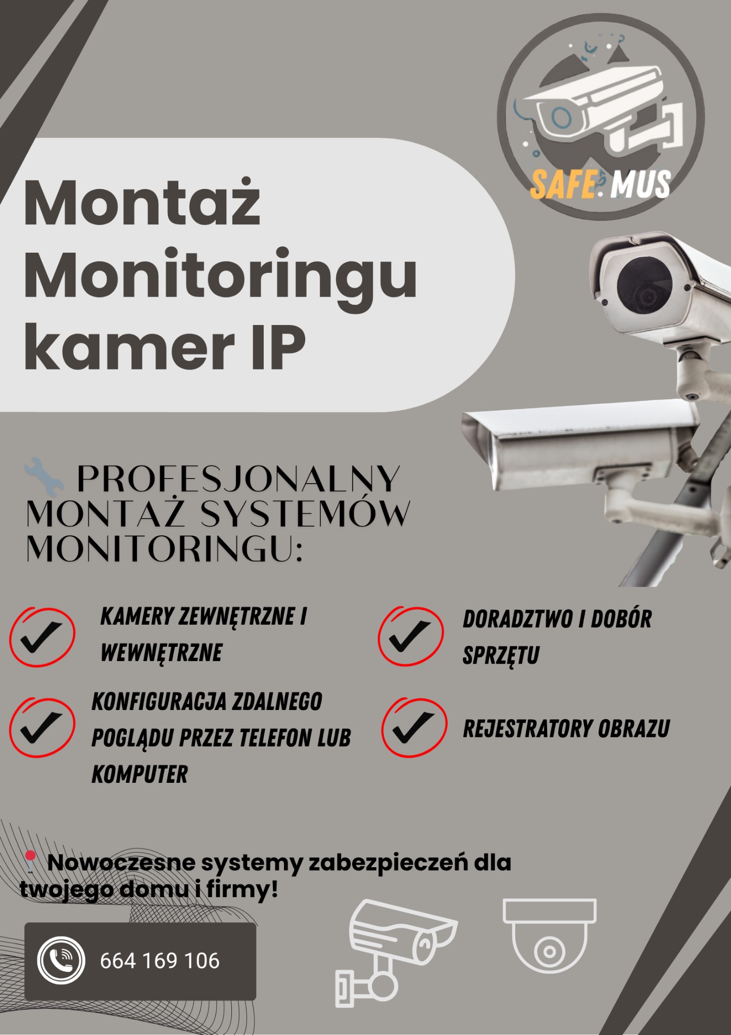 Grafika reklamowa: Montaż monitoringu kamer IP. Profesjonalny montaż systemów monitoringu, kamery zewnętrzne i wewnętrzne, doradztwo, rejestratory obrazu.