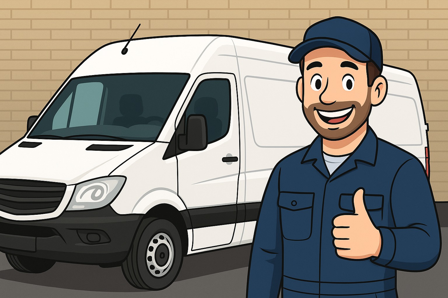 Uśmiechnięty pracownik w kombinezonie na tle białego furgonu i ceglanej ściany, gestykulujący kciukiem w górę. Ilustracja.