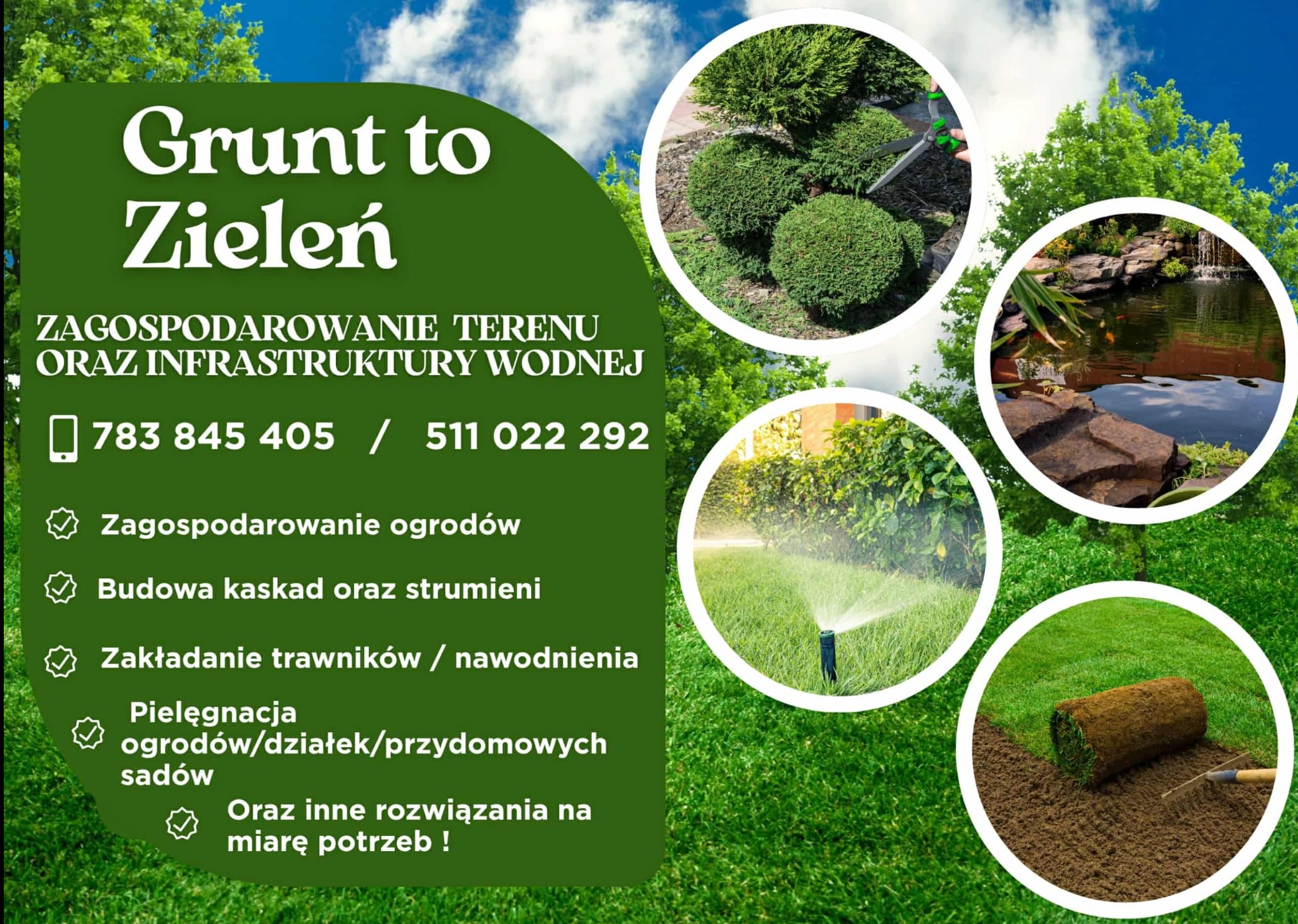 Grafika reklamowa firmy ogrodniczej: przycinanie krzewów, oczko wodne z kaskadą, system nawadniania trawnika, trawa z rolki. Kontakt telefoniczny.