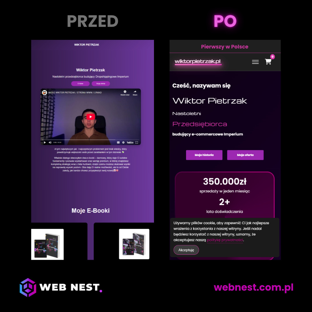 Porównanie 'przed' i 'po' strony internetowej Wiktora Pietrzaka. Po lewej starsza wersja z filmem, po prawej nowa odsłona z ofertą e-booków i wynikami sprzedaży. Web Nest.