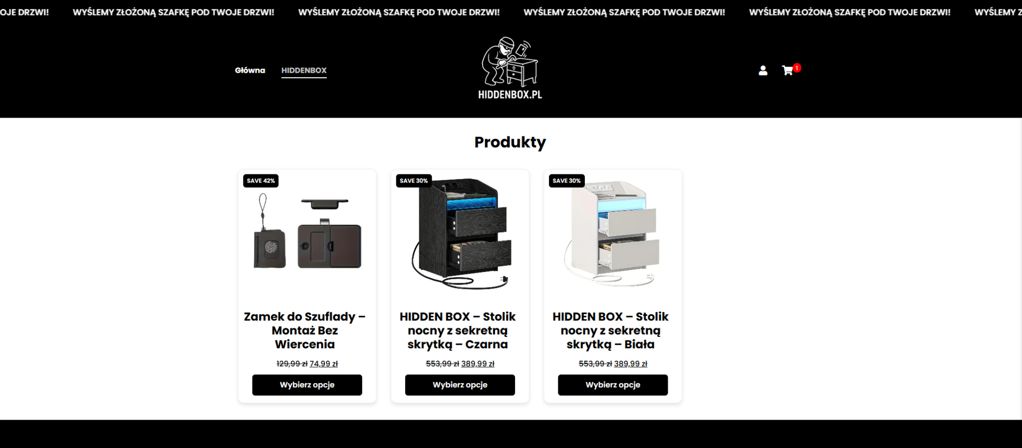 Strona internetowa Hiddenbox.pl z ofertą: zamek do szuflady, stolik nocny z sekretną skrytką (czarny i biały). Widoczne logo i hasło: Wyślemy złożoną szafkę pod Twoje drzwi!