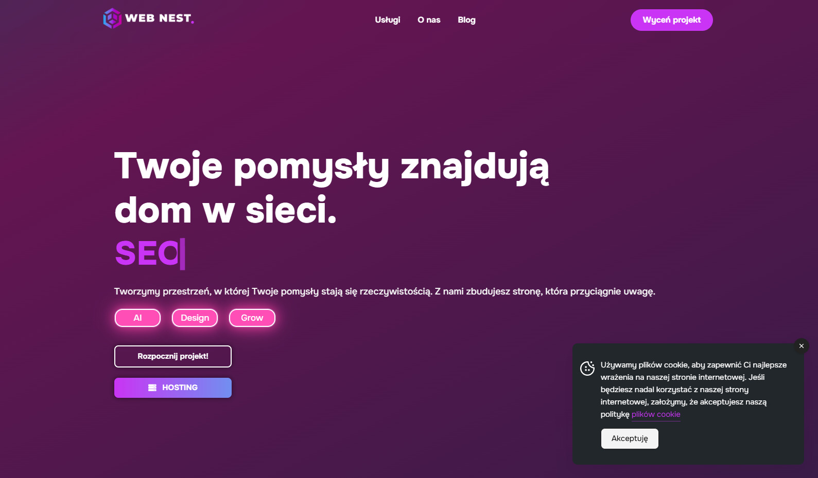 Nowoczesny design strony internetowej Web Nest z fioletowym tłem, hasłem 'Twoje pomysły znajdują dom w sieci' i przyciskami 'Rozpocznij projekt' i 'Hosting'.