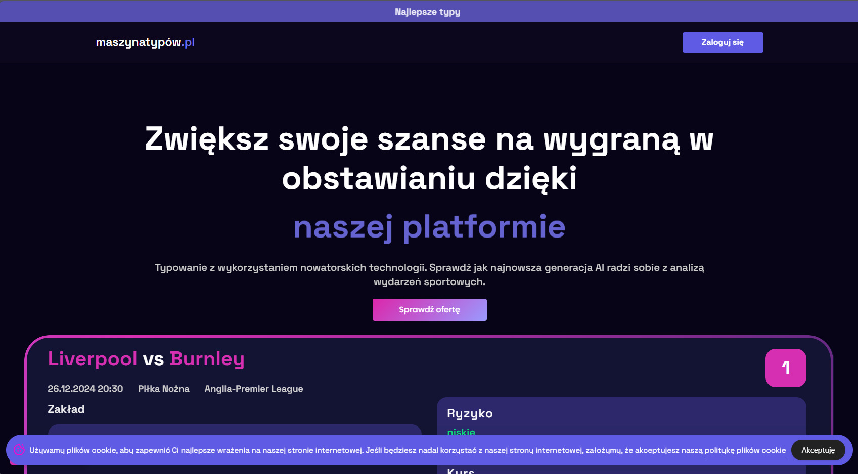 Projekt strony z ciemnym tłem i neonowymi akcentami, prezentujący platformę do typowania wyników sportowych z wykorzystaniem AI. Widoczny fragment zakładu Liverpool vs Burnley.