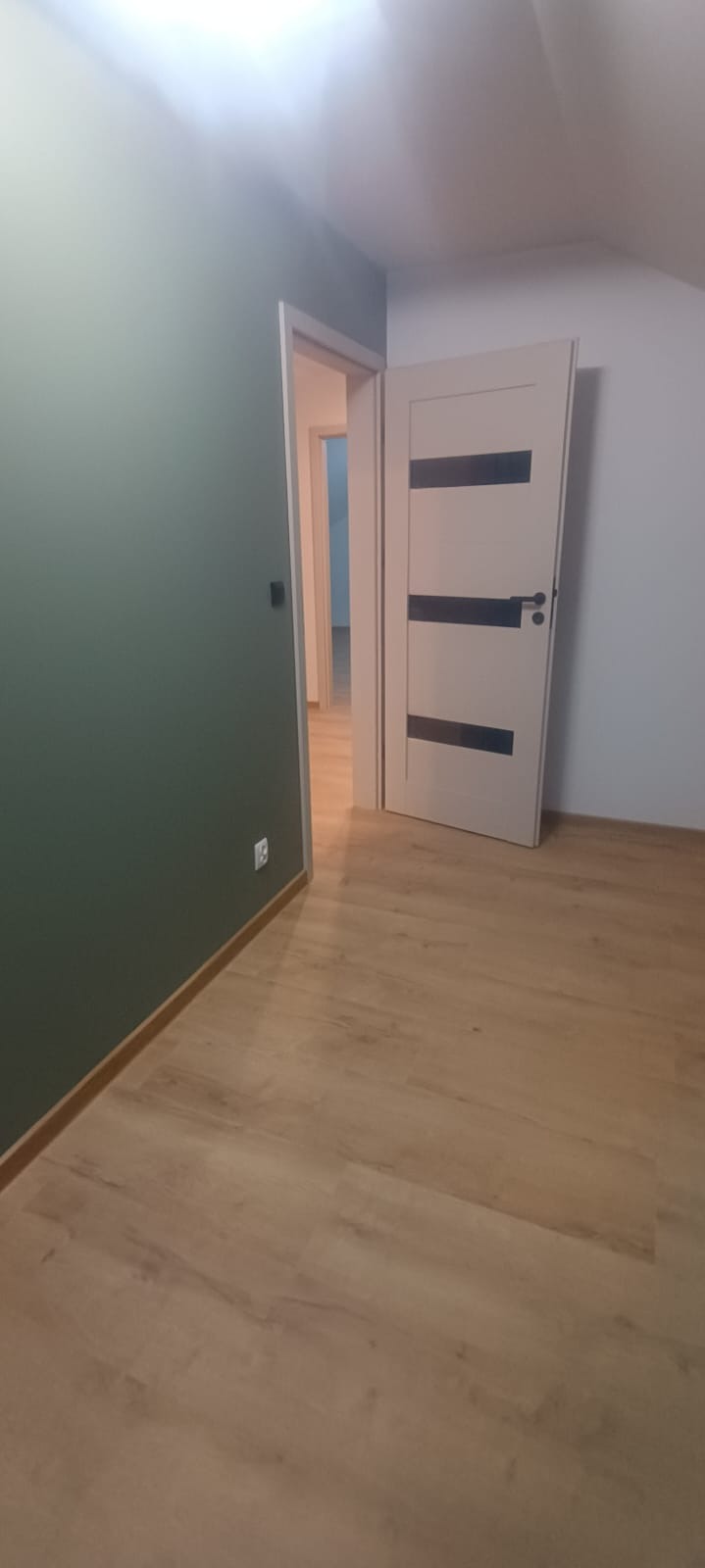 Nowoczesne wnętrze po remoncie: ściana w odcieniach zieleni, jasna podłoga z paneli i białe drzwi z czarnymi wstawkami. Widok na kolejne pomieszczenie.