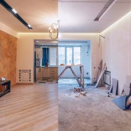 Finish-Pro - Remont pokoju: lewa strona po remoncie (pomalowane ściany, umeblowanie), prawa strona w trakcie prac (surowe ściany, narzędzia).