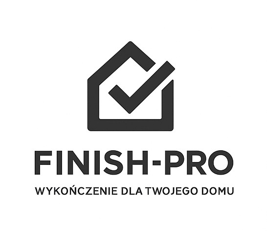 Minimalistyczne logo firmy 'FINISH-PRO' z symbolem domu z odhaczonym zadaniem i hasłem 'Wykończenie dla Twojego Domu' w czerni na białym tle.