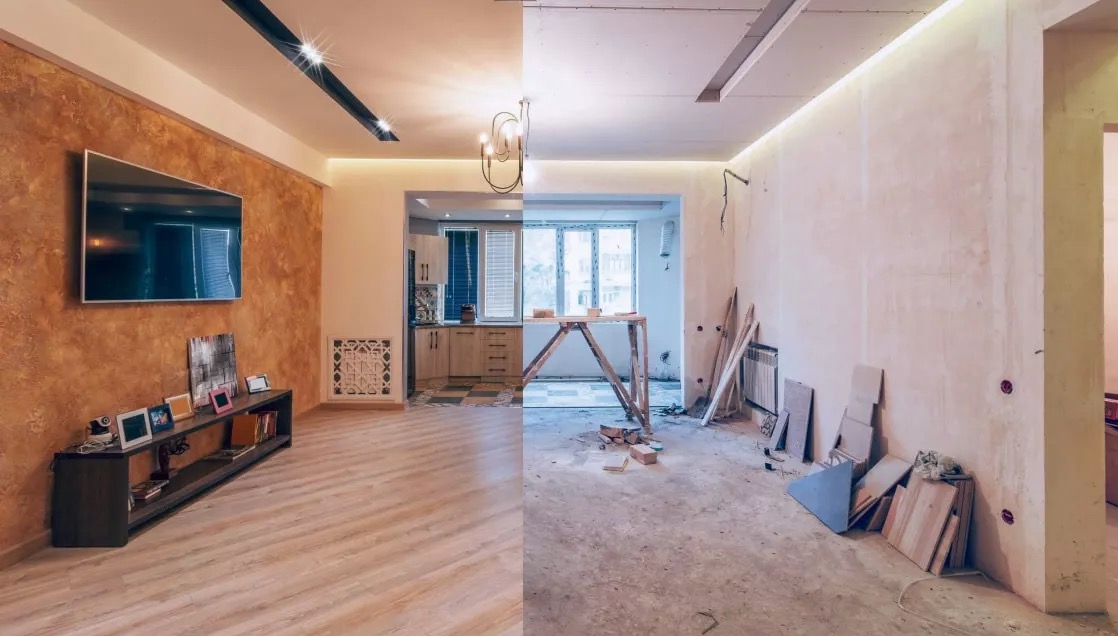 Remont pokoju: lewa strona po remoncie (pomalowane ściany, umeblowanie), prawa strona w trakcie prac (surowe ściany, narzędzia).