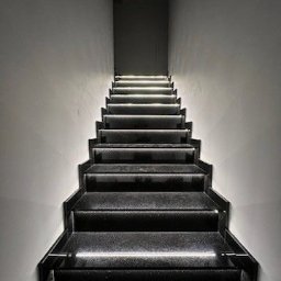 Orpol Sp.z o.o. - Czarne schody z podświetleniem LED wzdłuż stopni, widok z dołu. Minimalistyczny design, szare ściany, ciemne wejście na górze. Nowoczesne wykończenie.