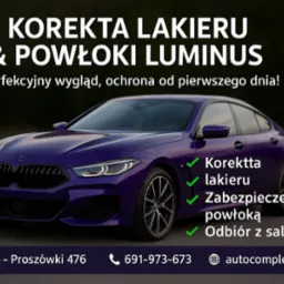 Lśniący, fioletowy samochód BMW po korekcie lakieru i zabezpieczeniu powłoką Luminus. Reklama usług z adresem i numerem telefonu w Bochni.